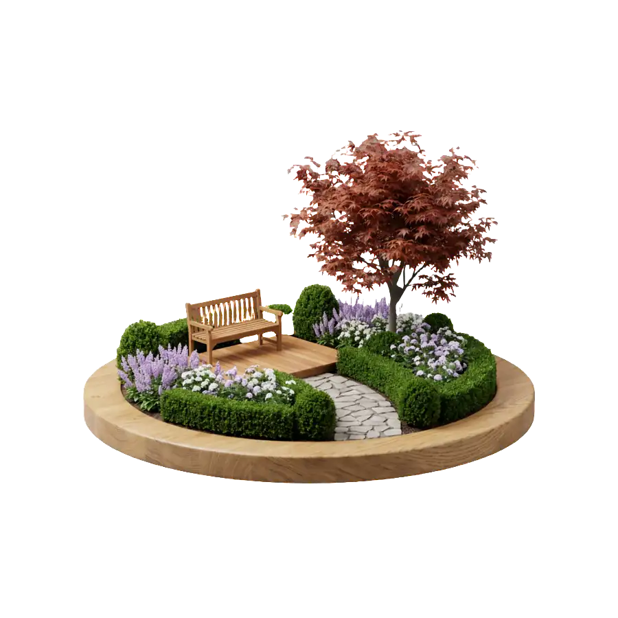 Miniature garden on a round oak base: a stone path, a bench, boxwood, lilac flowers and a maple