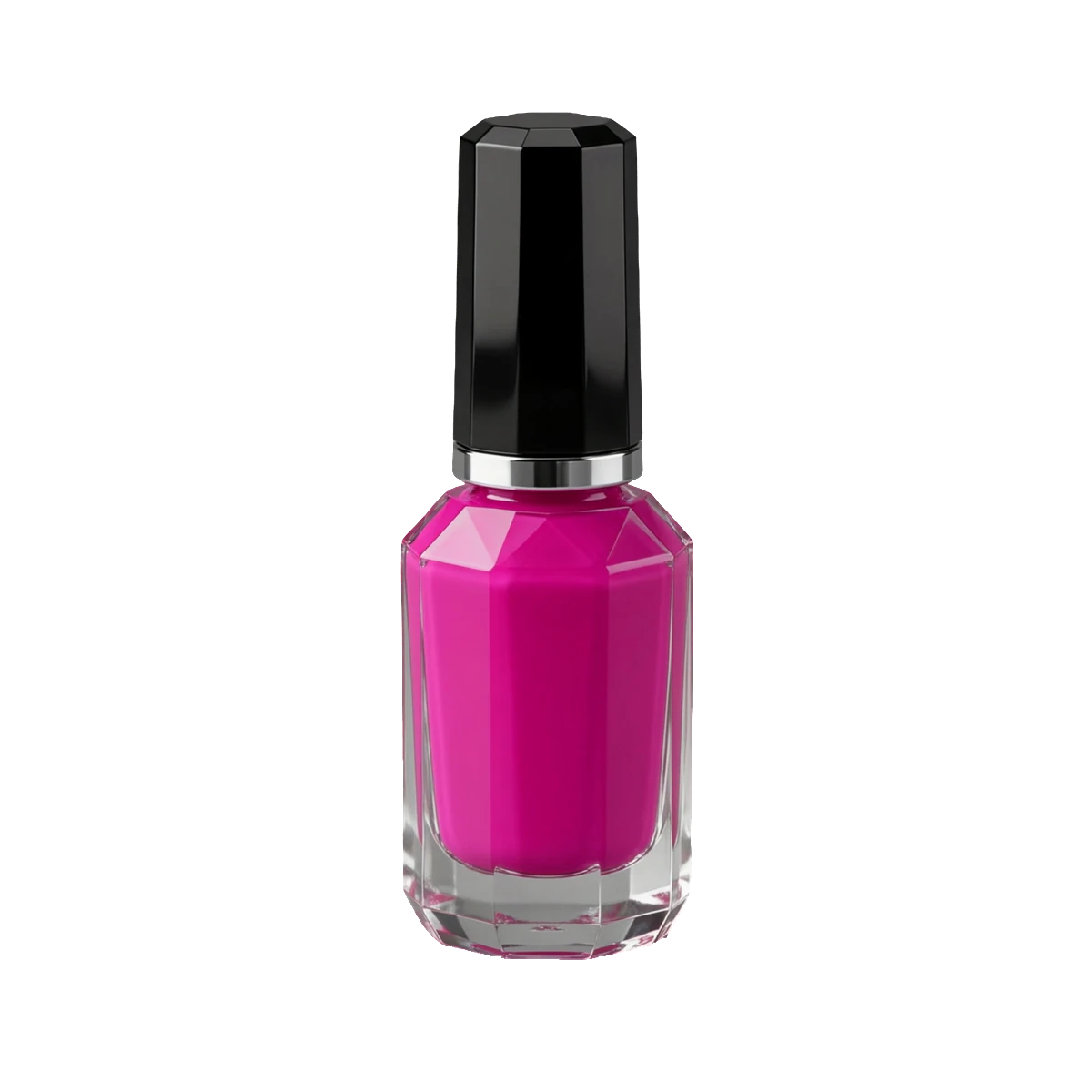 Faceted bottle of fuchsia nail polish with a glossy black cap