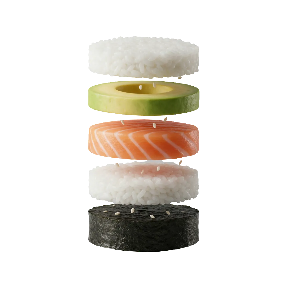 Sushi roll taken apart into layers: rice, avocado, salmon, rice and nori